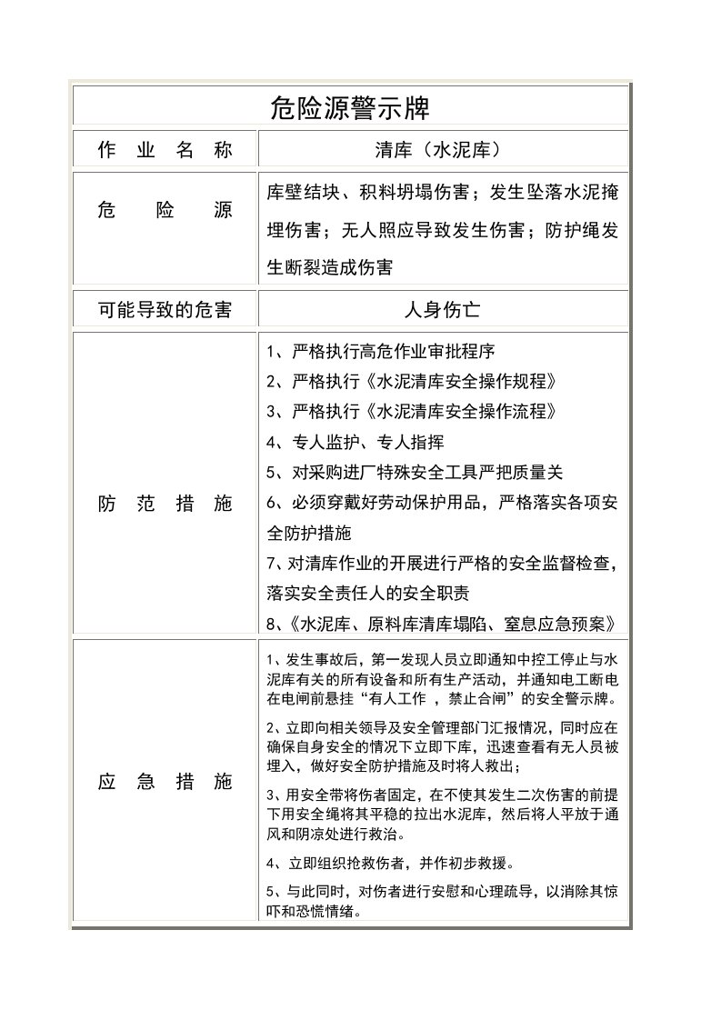 水泥厂危险源管理危险源警示牌-清仓清库