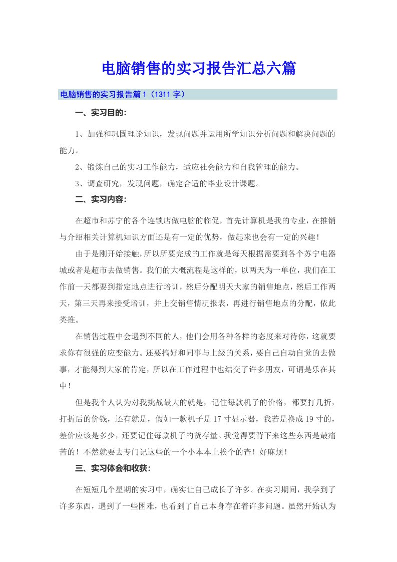 电脑销售的实习报告汇总六篇