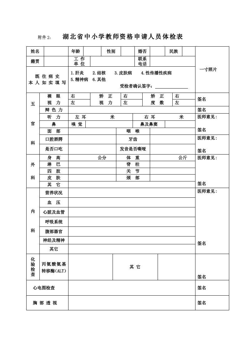 附件2湖北省中小学教师资格申请人员体检表