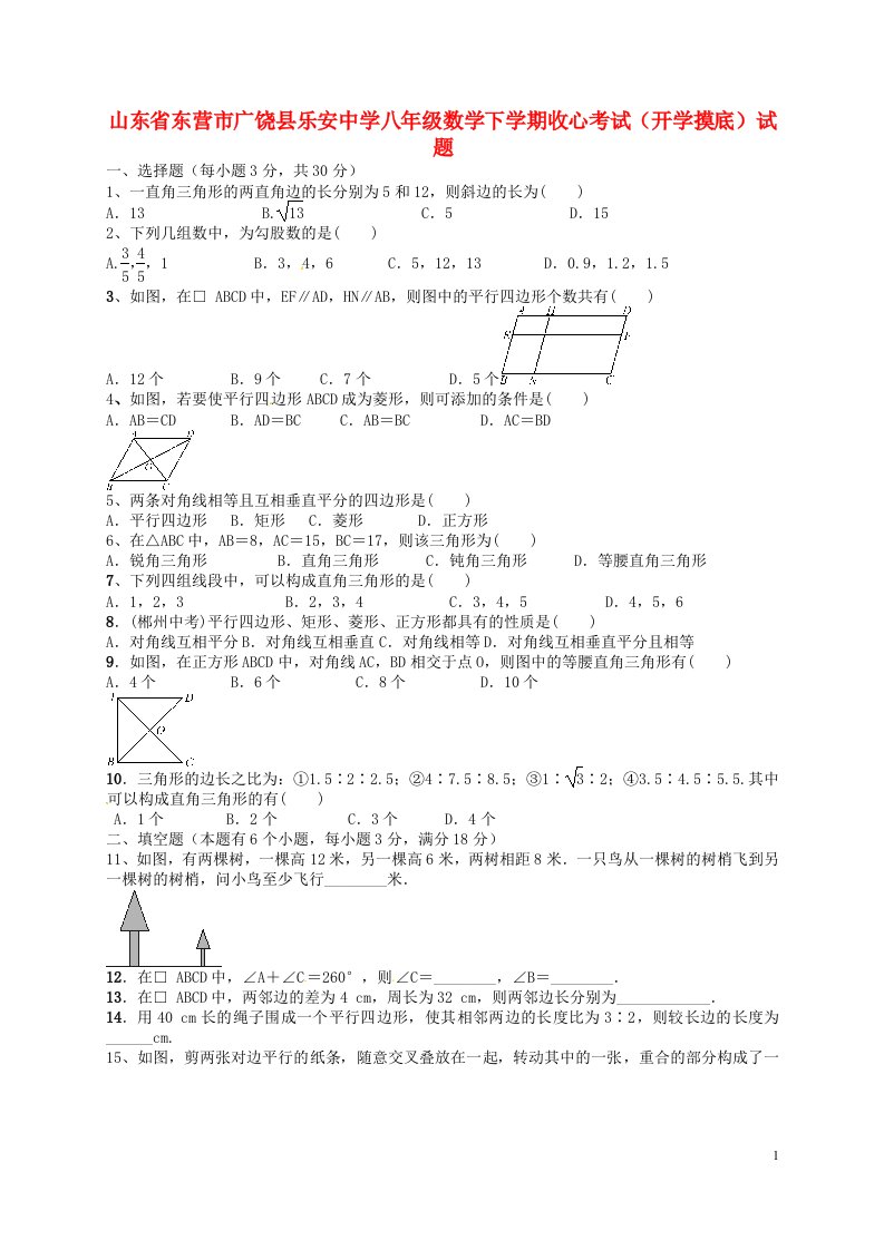 山东省东营市广饶县乐安中学八级数学下学期收心考试（开学摸底）试题（无答案）