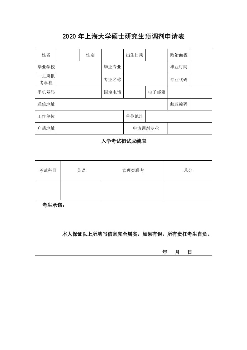 2020年上海大学硕士研究生预调剂申请表