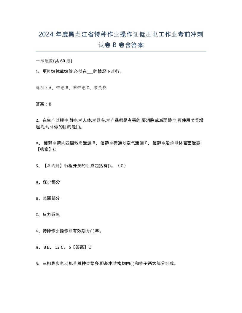 2024年度黑龙江省特种作业操作证低压电工作业考前冲刺试卷B卷含答案