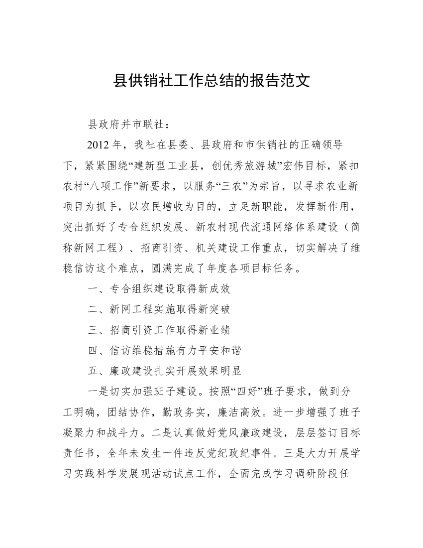 县供销社工作总结的报告范文