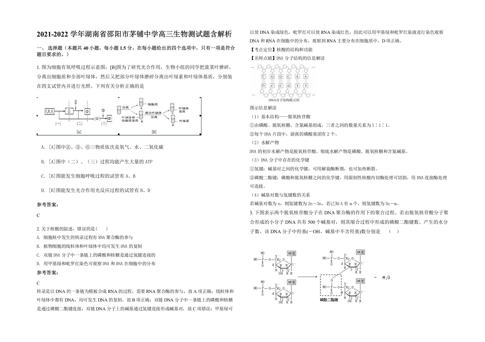 2021-2022学年湖南省邵阳市茅铺中学高三生物测试题含解析