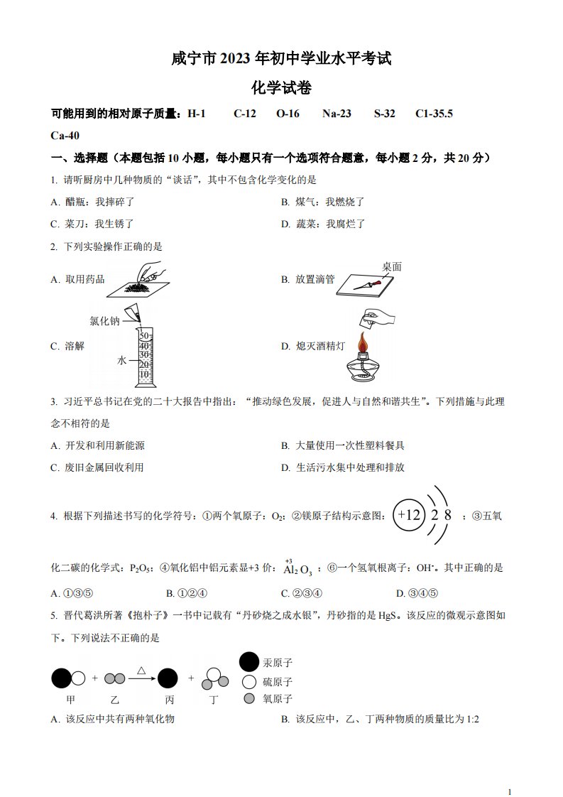 精品解析：2023年湖北省咸宁市中考化学真题（原卷版）