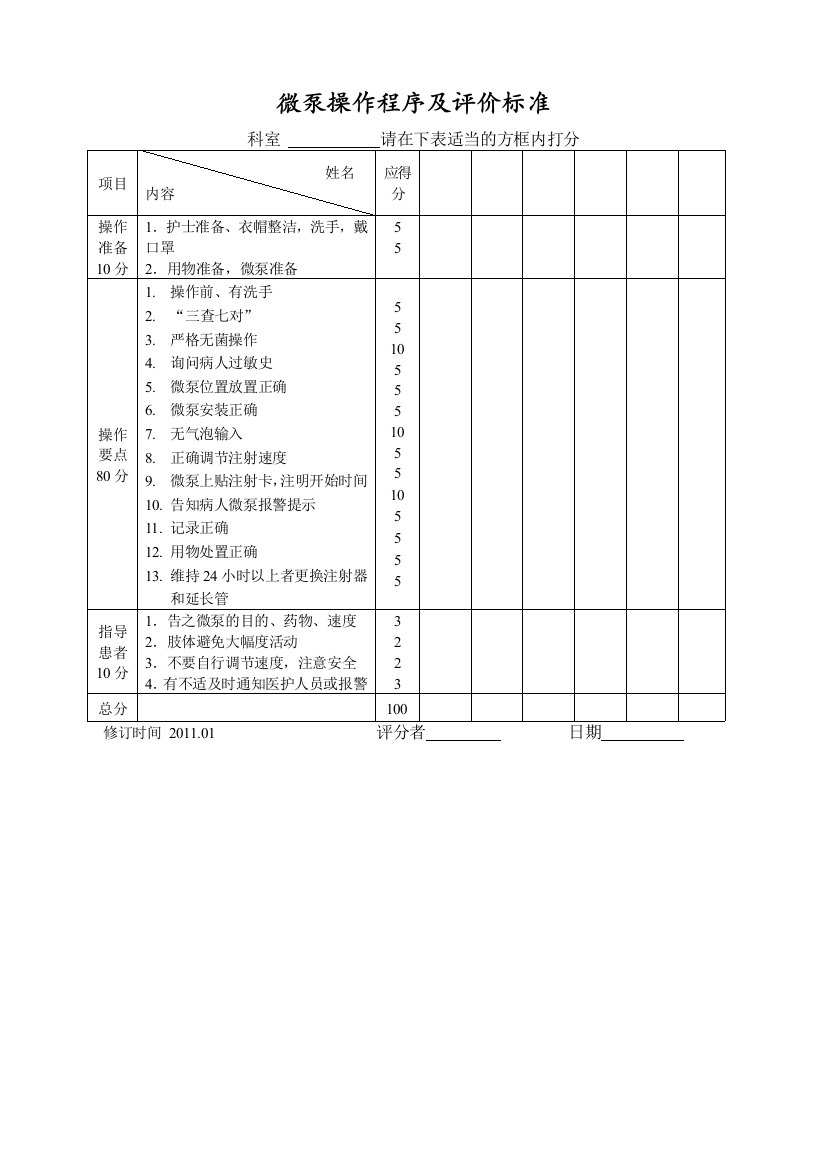 微泵操作程序及评价标准