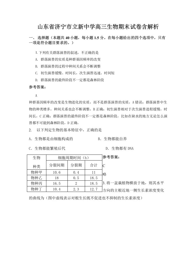 山东省济宁市立新中学高三生物期末试卷含解析