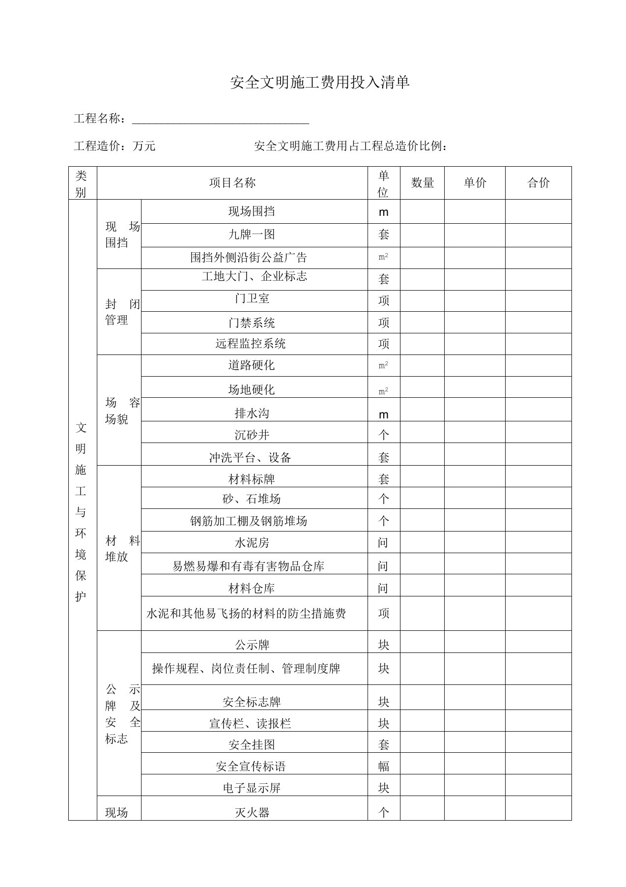 安全文明施工费用投入清单