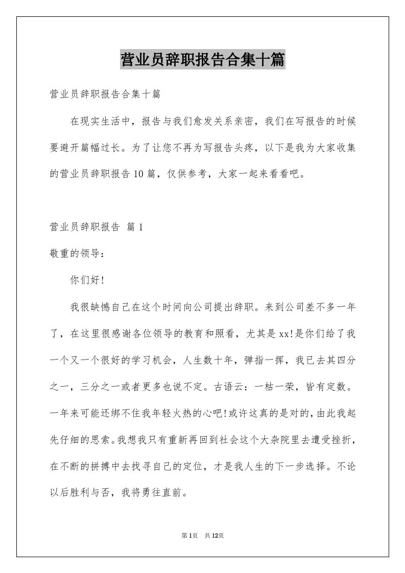 营业员辞职报告合集十篇