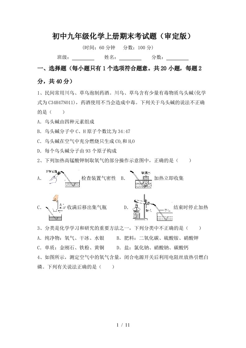 初中九年级化学上册期末考试题审定版