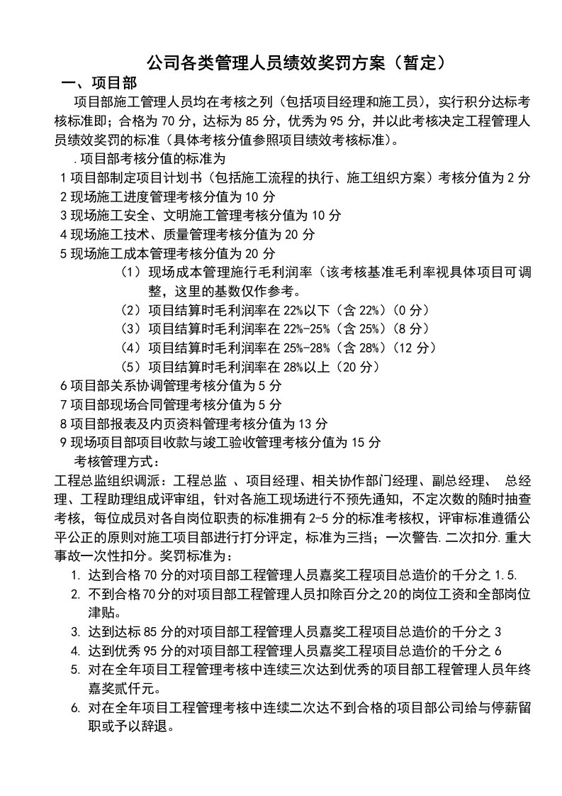 公司各类管理人员绩效奖罚方案