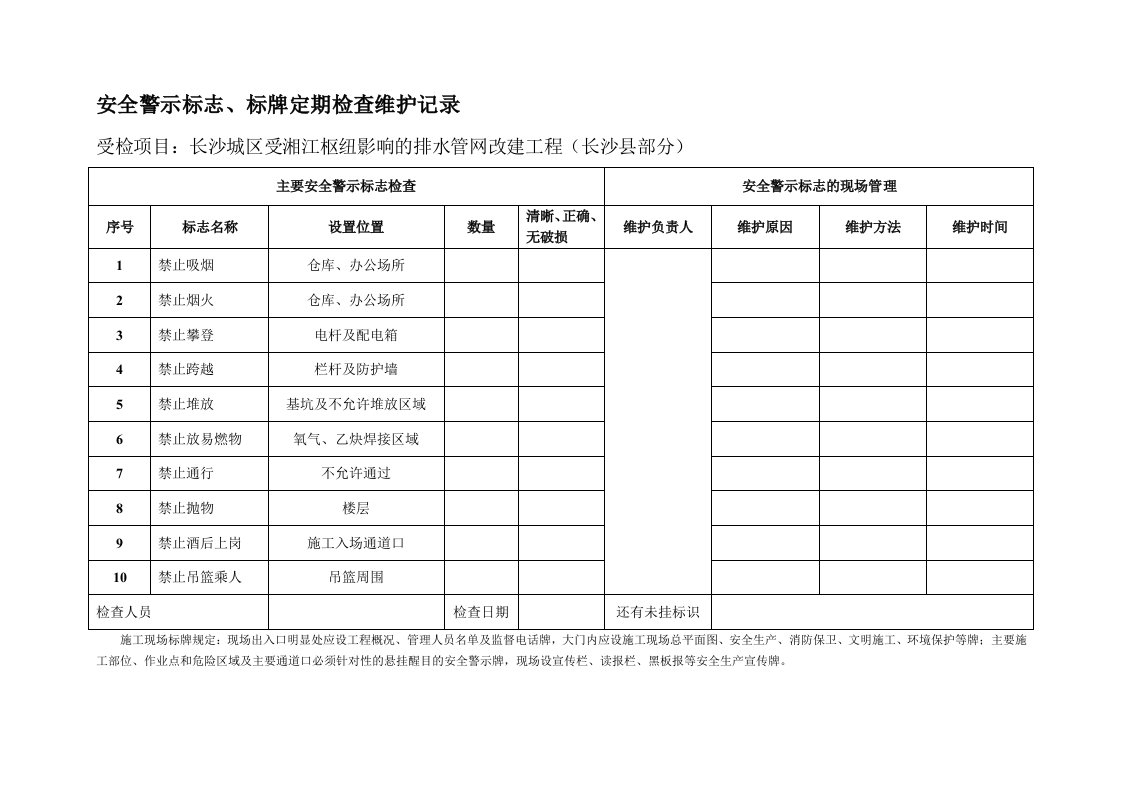 安全警示标志、标牌定期检查维护记录