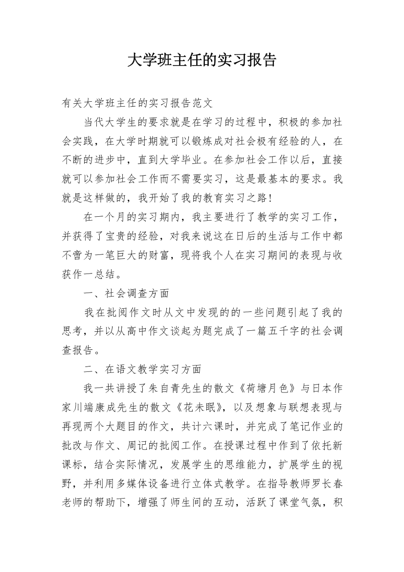 大学班主任的实习报告