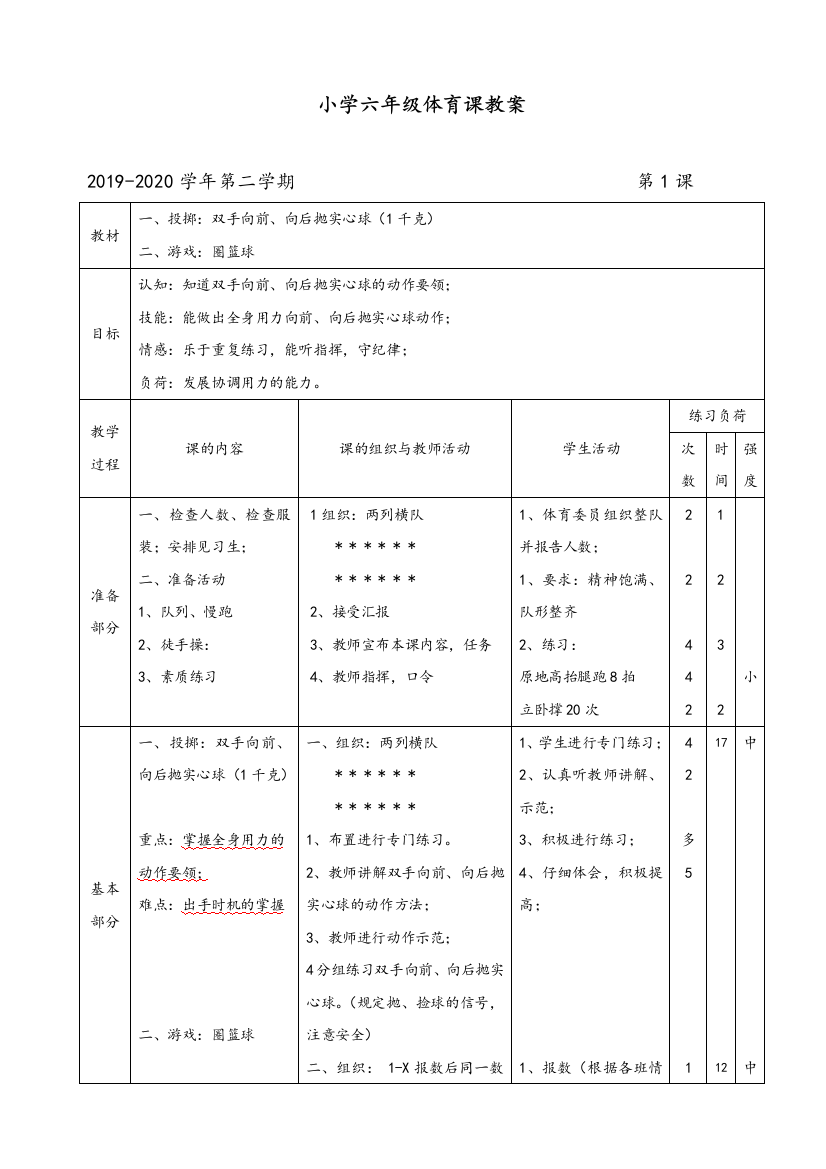 新编六年级下期体育教案(全册54课时)