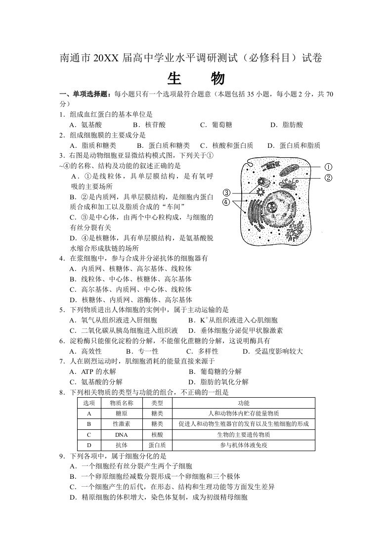 生物科技-生物必修一测试题附答案