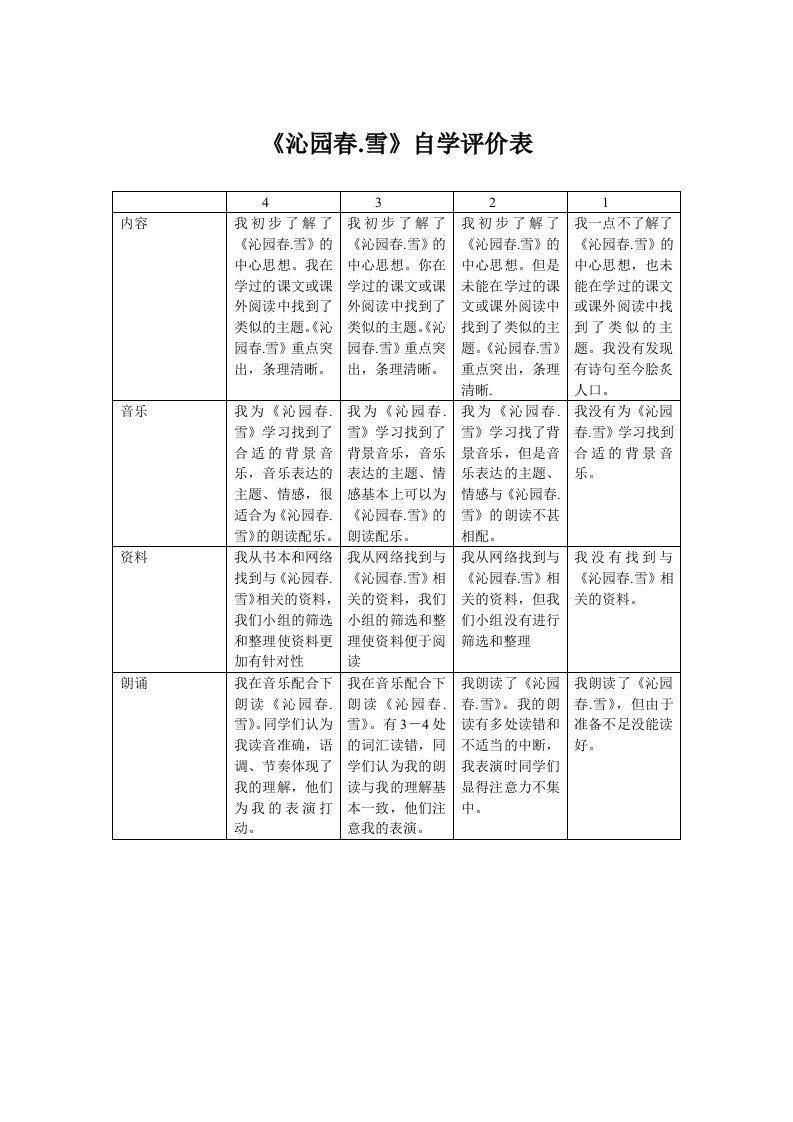 《沁园春》自学评价表