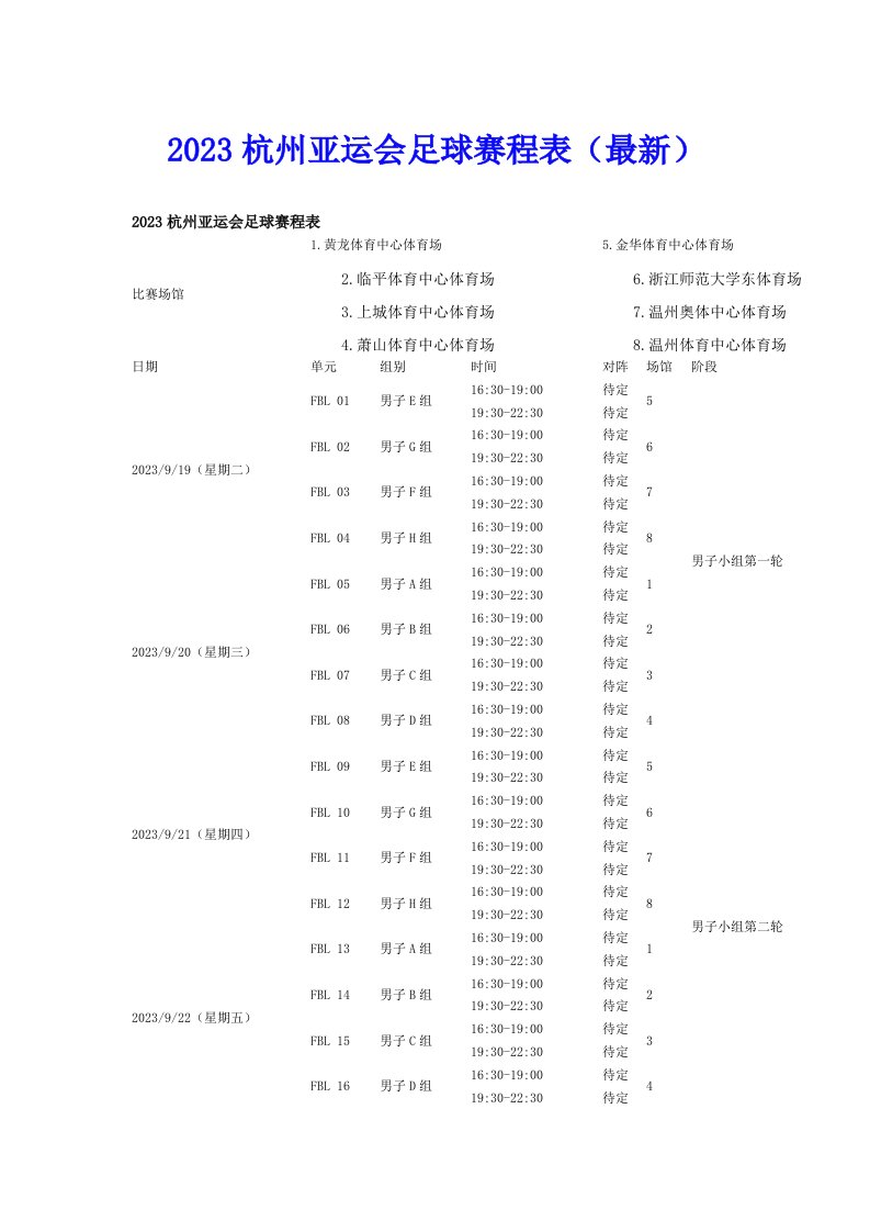 2023杭州亚运会足球赛程表（最新）