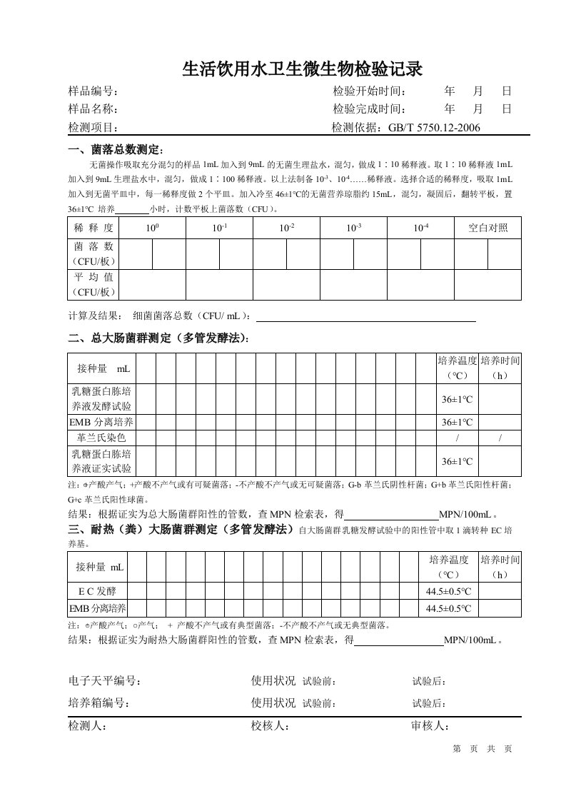 生活饮用水卫生微生物检验记录0