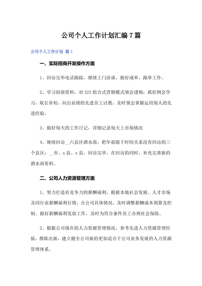 公司个人工作计划汇编7篇