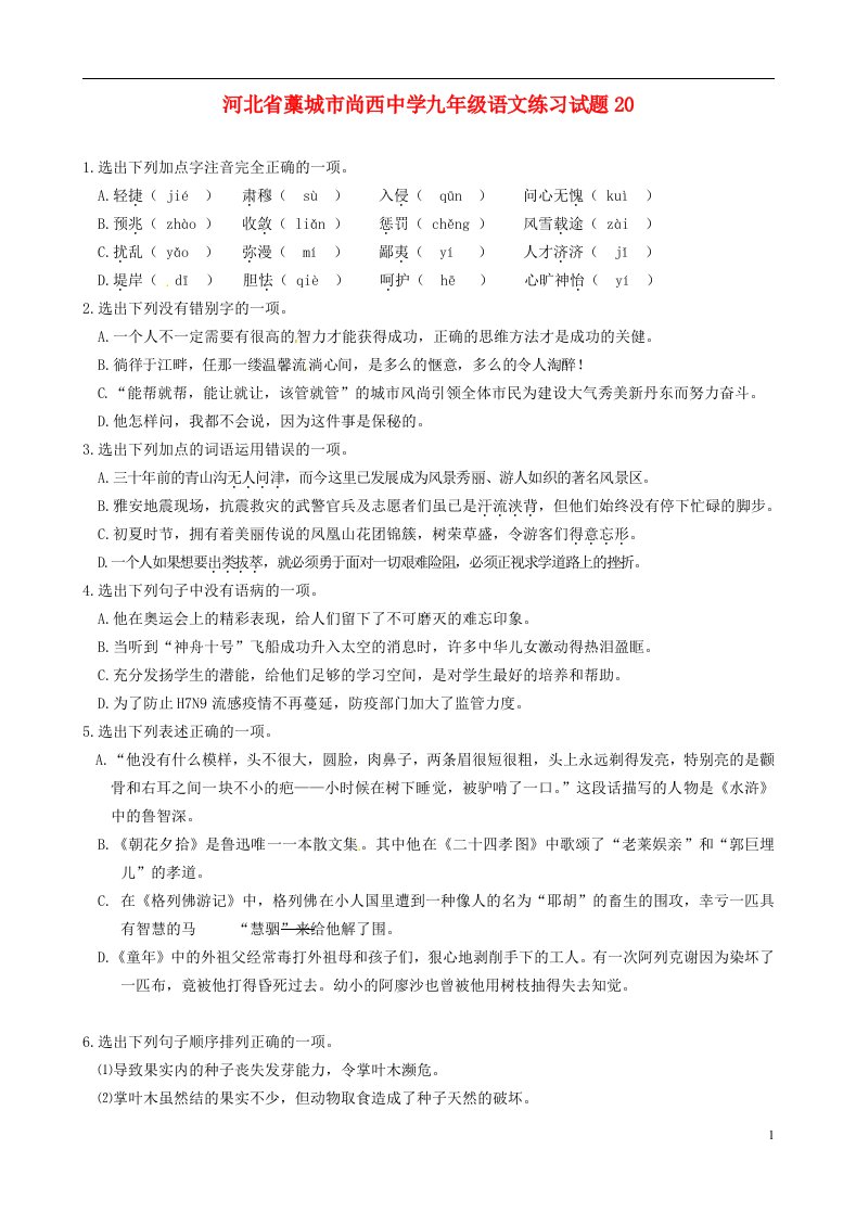 河北省藁城市尚西中学九级语文练习试题20（无答案）