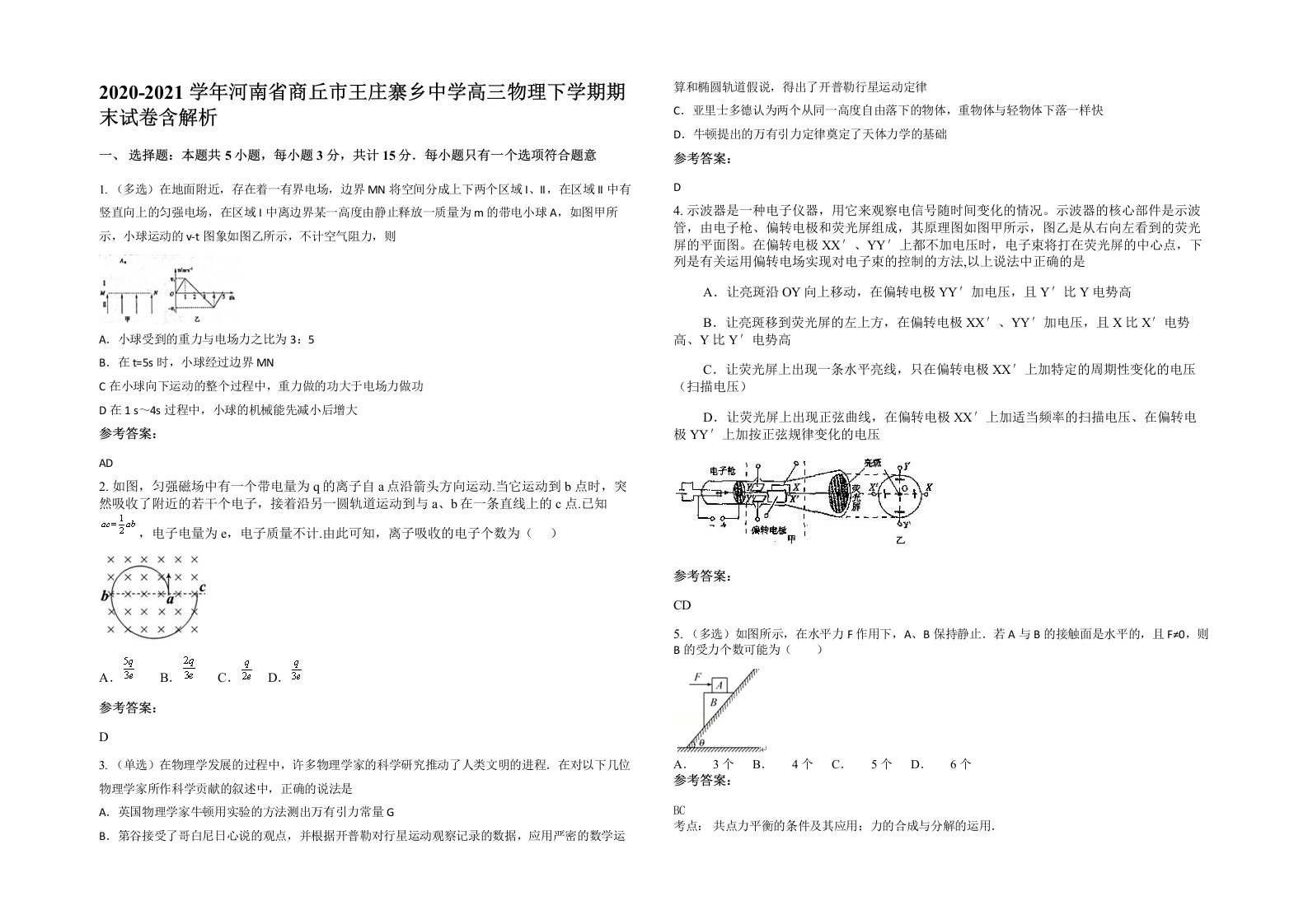 2020-2021学年河南省商丘市王庄寨乡中学高三物理下学期期末试卷含解析