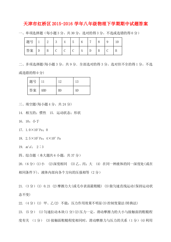 （小学中学试题）天津市红桥区八年级物理下学期期中答案