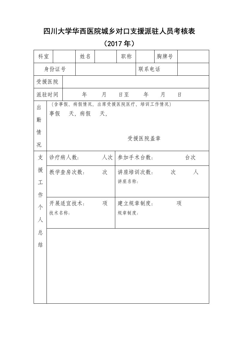 四川大学华西医院城乡对口支援派驻人员考核表（2017年）