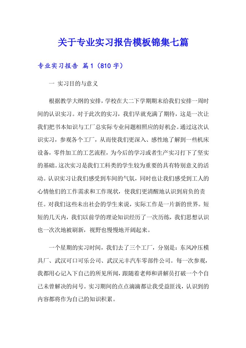 关于专业实习报告模板锦集七篇