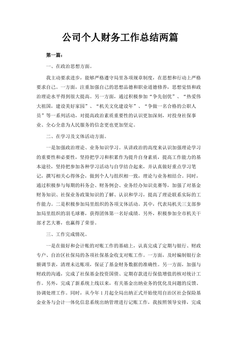 公司个人财务工作总结范文两篇