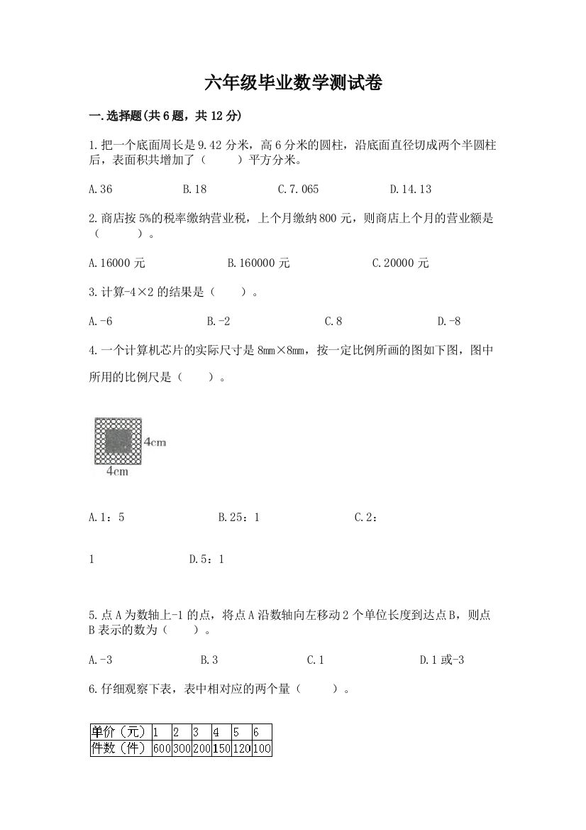 六年级毕业数学测试卷及参考答案