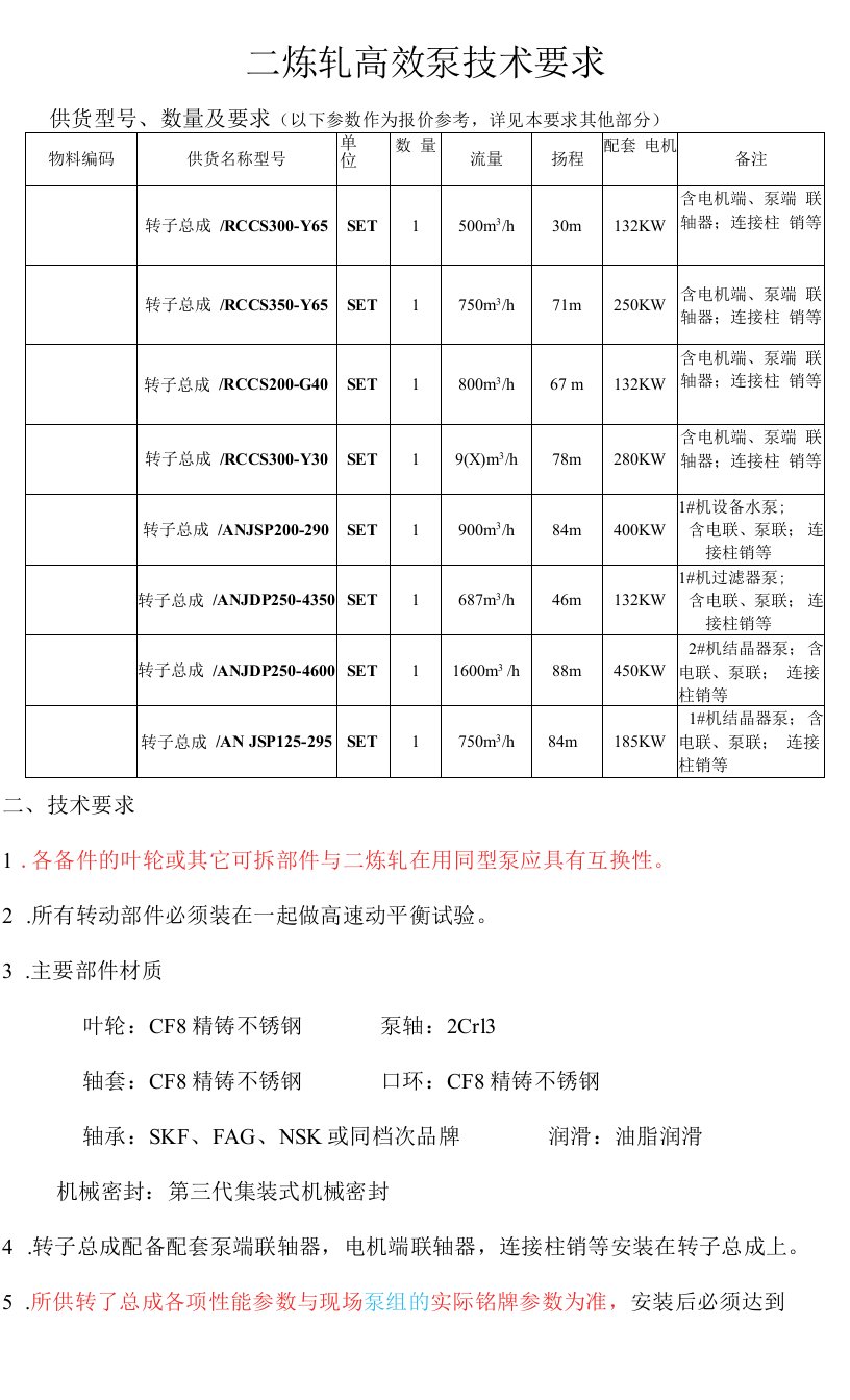 二炼轧高效泵技术要求