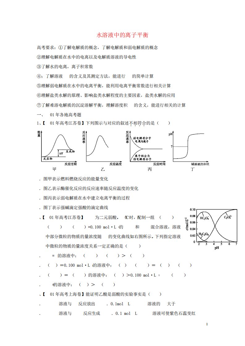 高三化学“补胎式”一轮复习第12周训练试题(水溶液中的离子平衡)