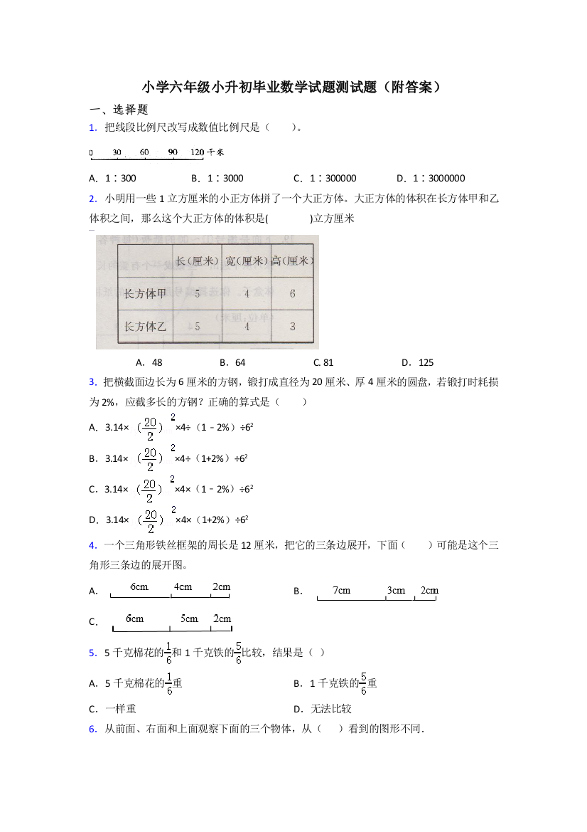 小学六年级小升初毕业数学试题测试题(附答案)