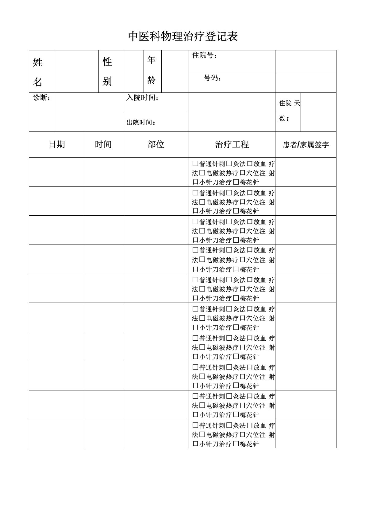 中医科物理治疗登记表