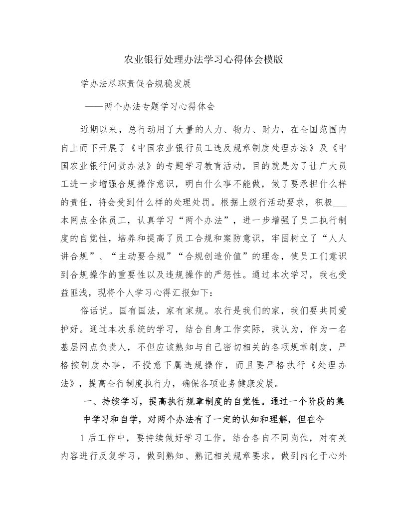 农业银行处理办法学习心得体会模版