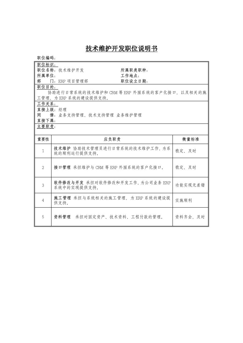 ERP项目管理部技术维护开发岗位职责