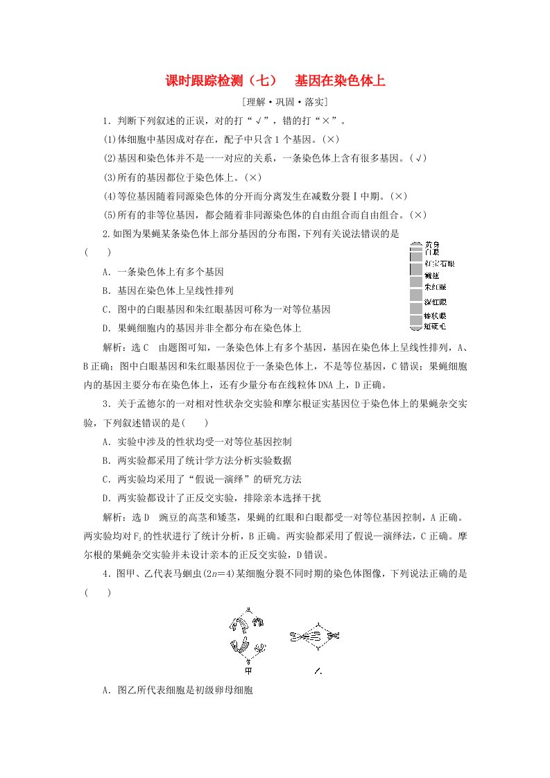 2024春新教材高中生物课时跟踪检测七基因在染色体上新人教版必修2