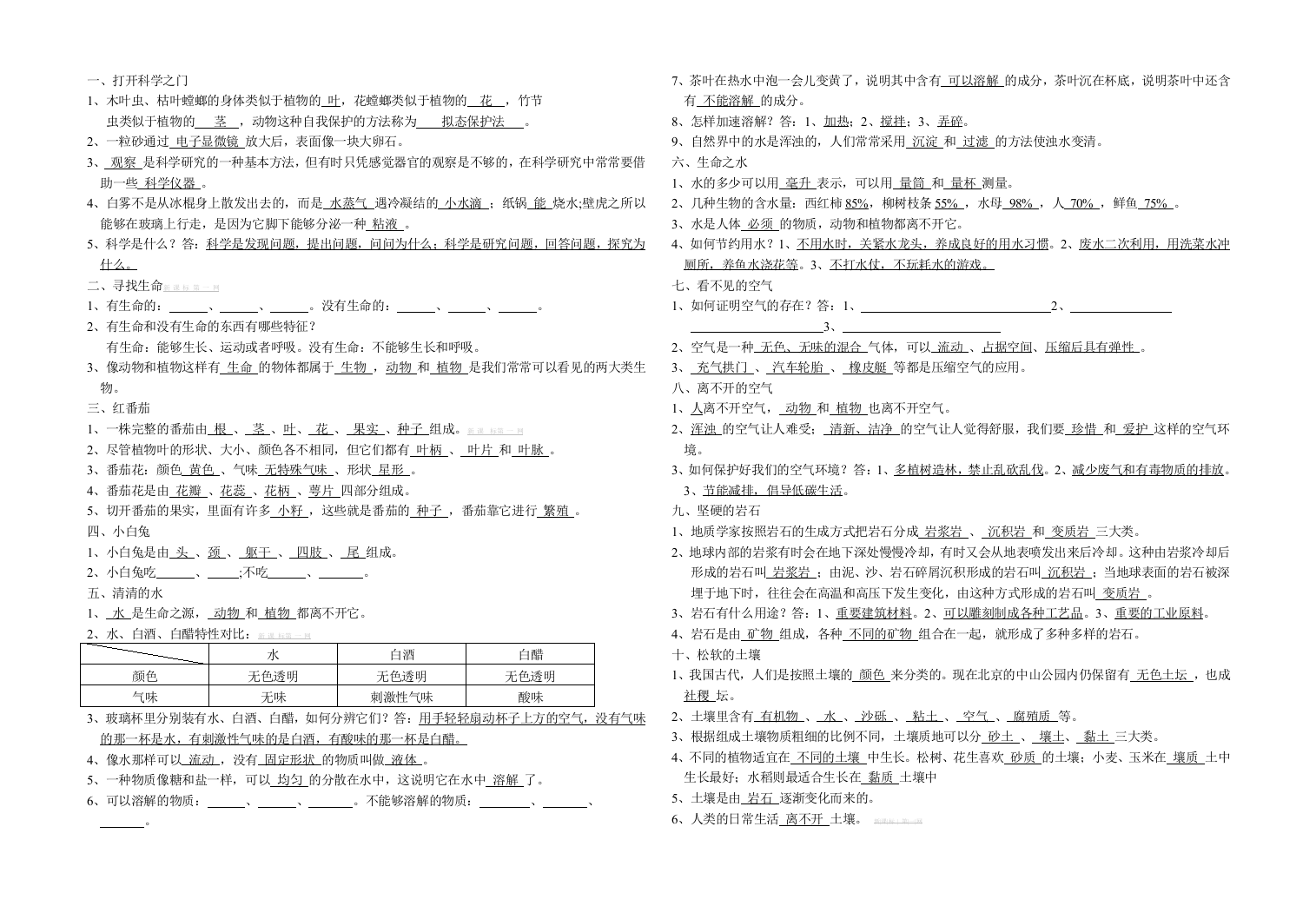 粤教版三年级上册科学复习资料