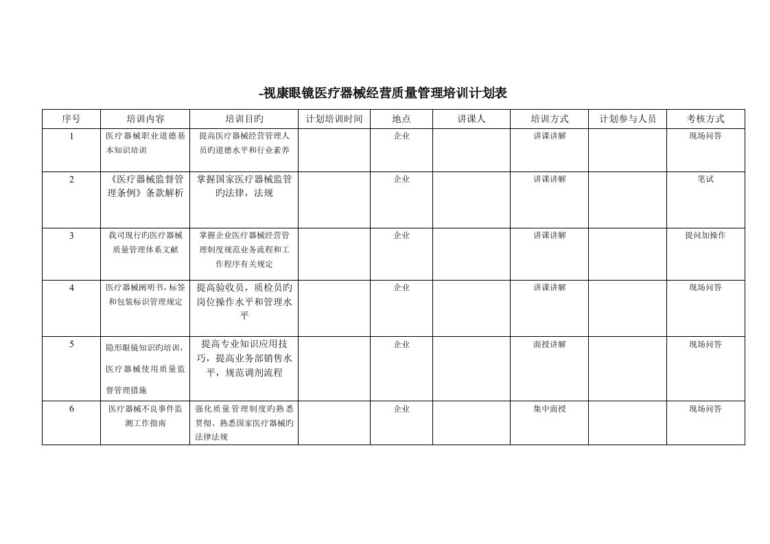 医疗器械年培训计划表