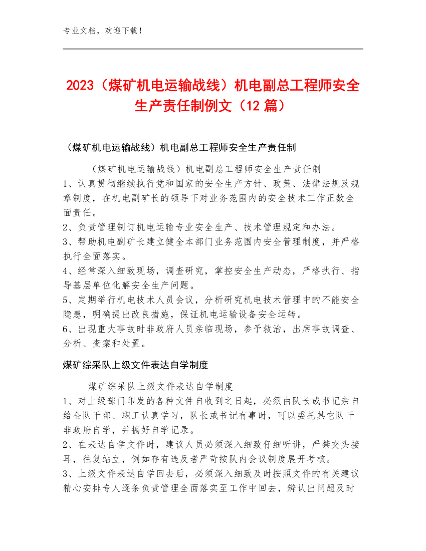 2023（煤矿机电运输战线）机电副总工程师安全生产责任制例文（12篇）