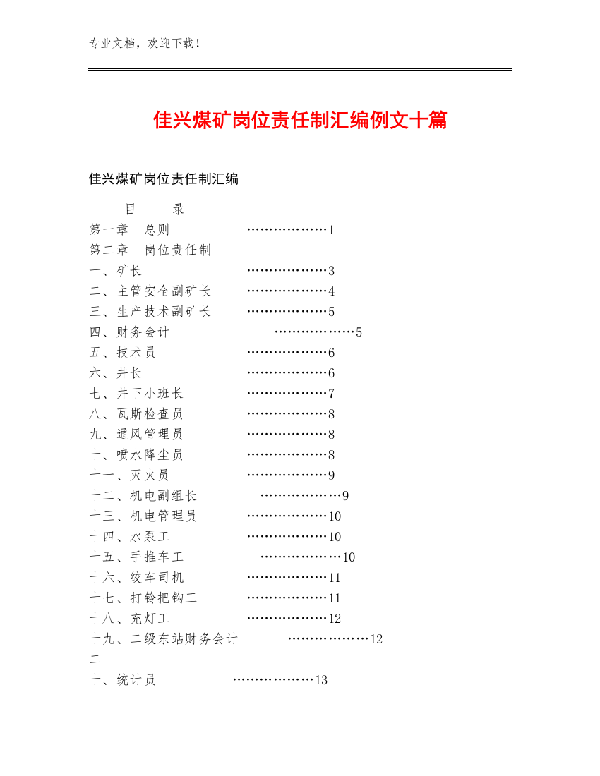 佳兴煤矿岗位责任制汇编例文十篇