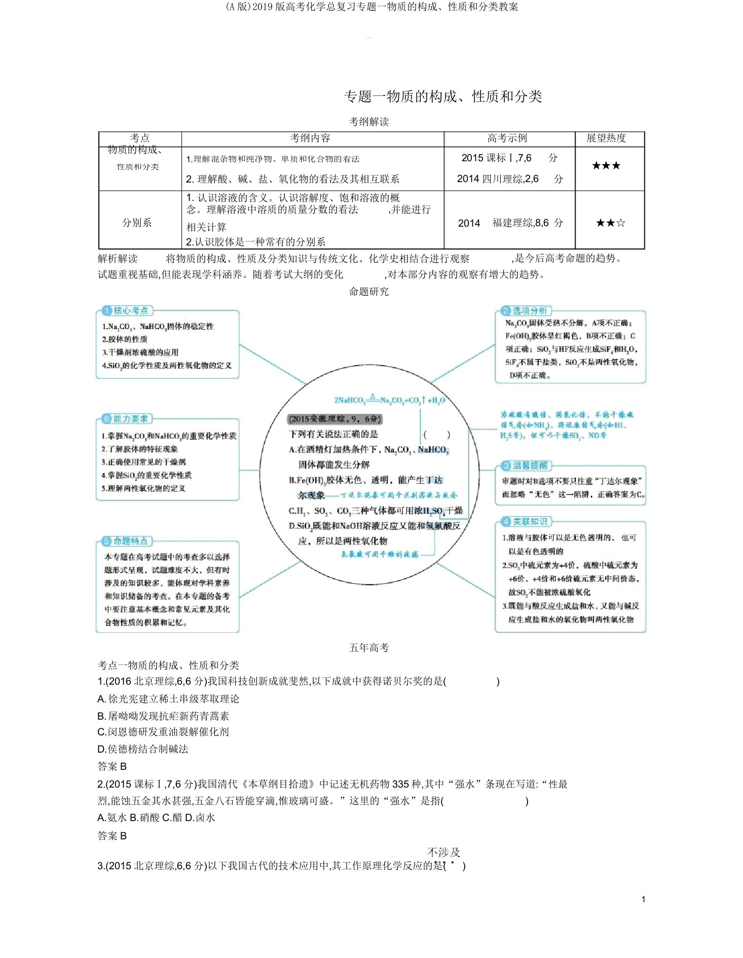 (A版)2019版高考化学总复习专题一物质的组成、性质和分类学案