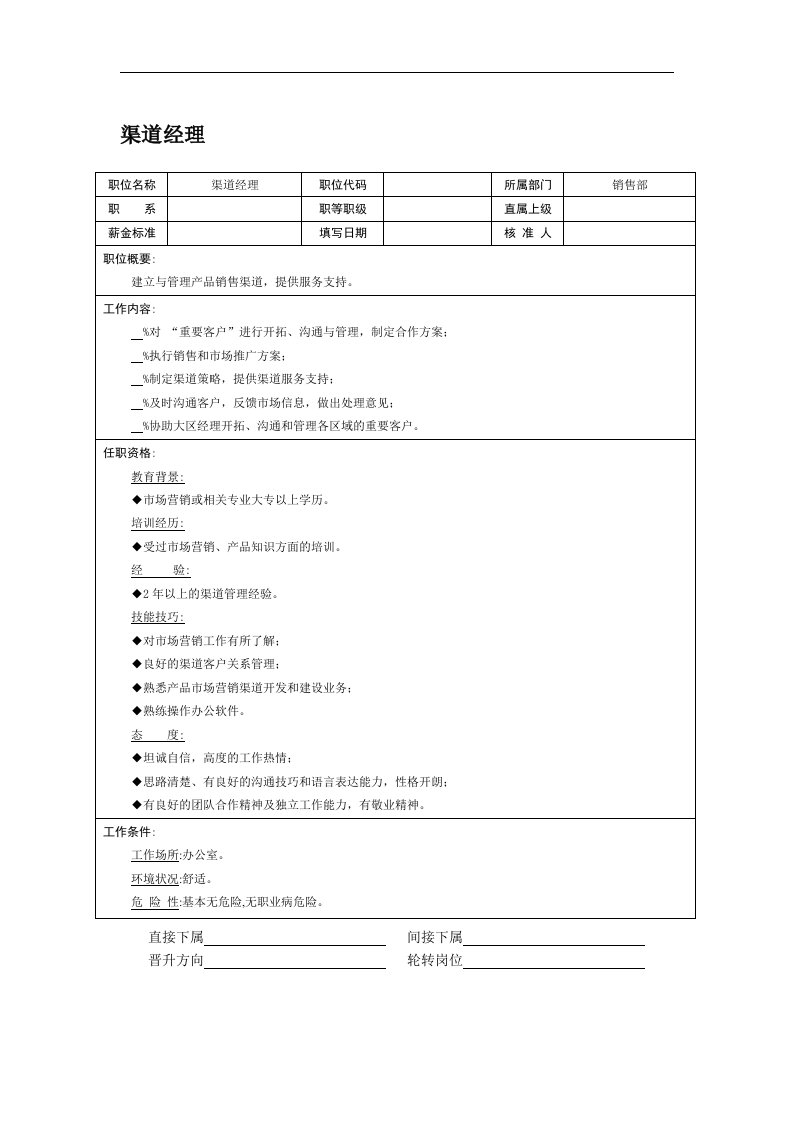 职位说明书-渠道经理