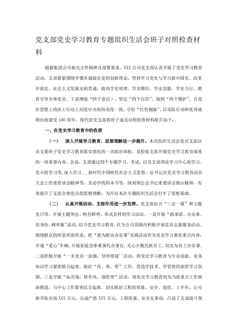 党支部党史学习教育专题组织生活会班子对照检查材料