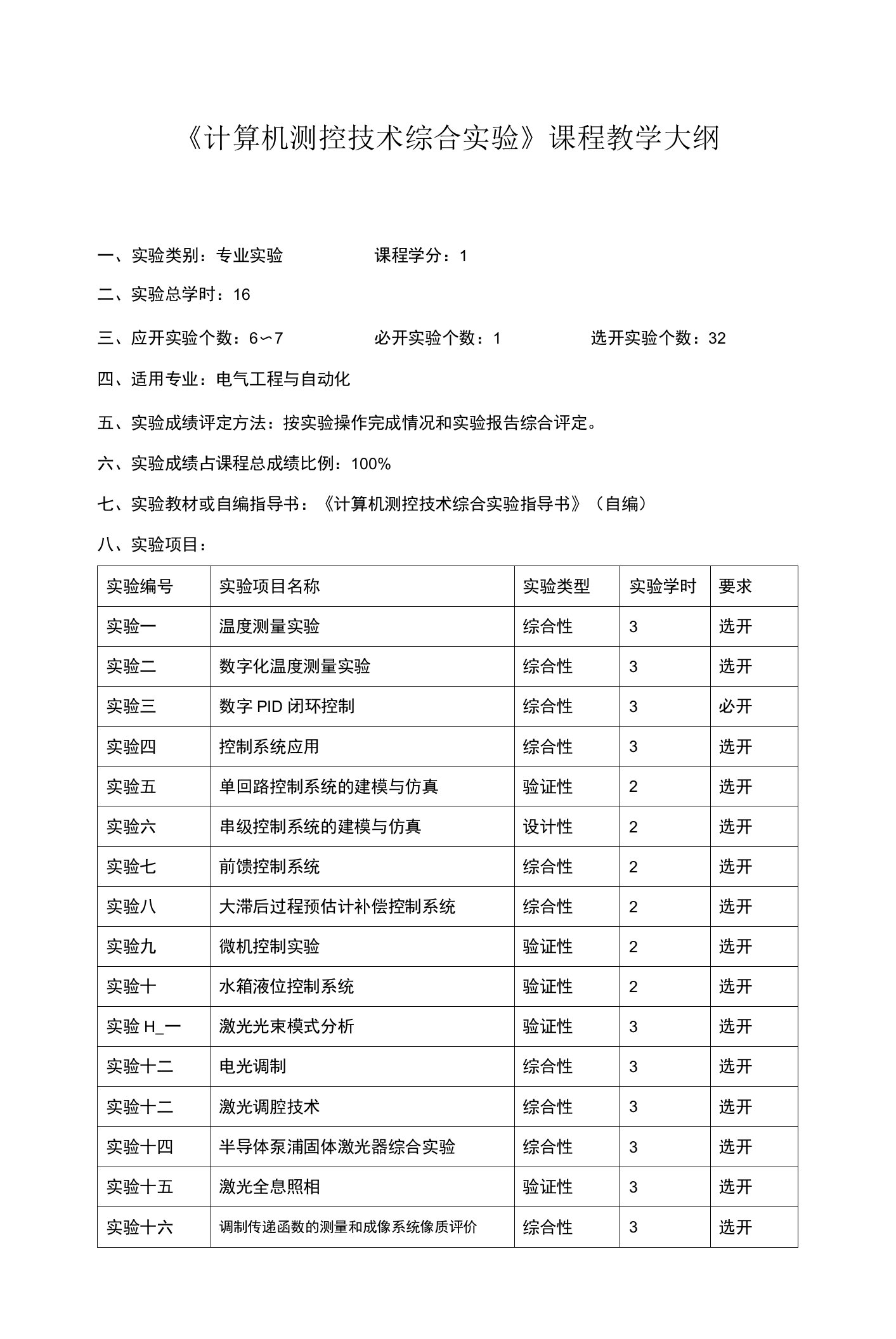 《计算机测控技术综合实验》课程教学大纲