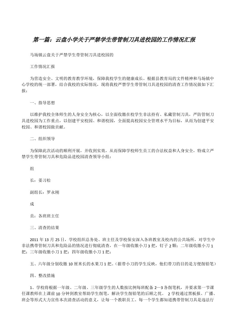 云盘小学关于严禁学生带管制刀具进校园的工作情况汇报[修改版]