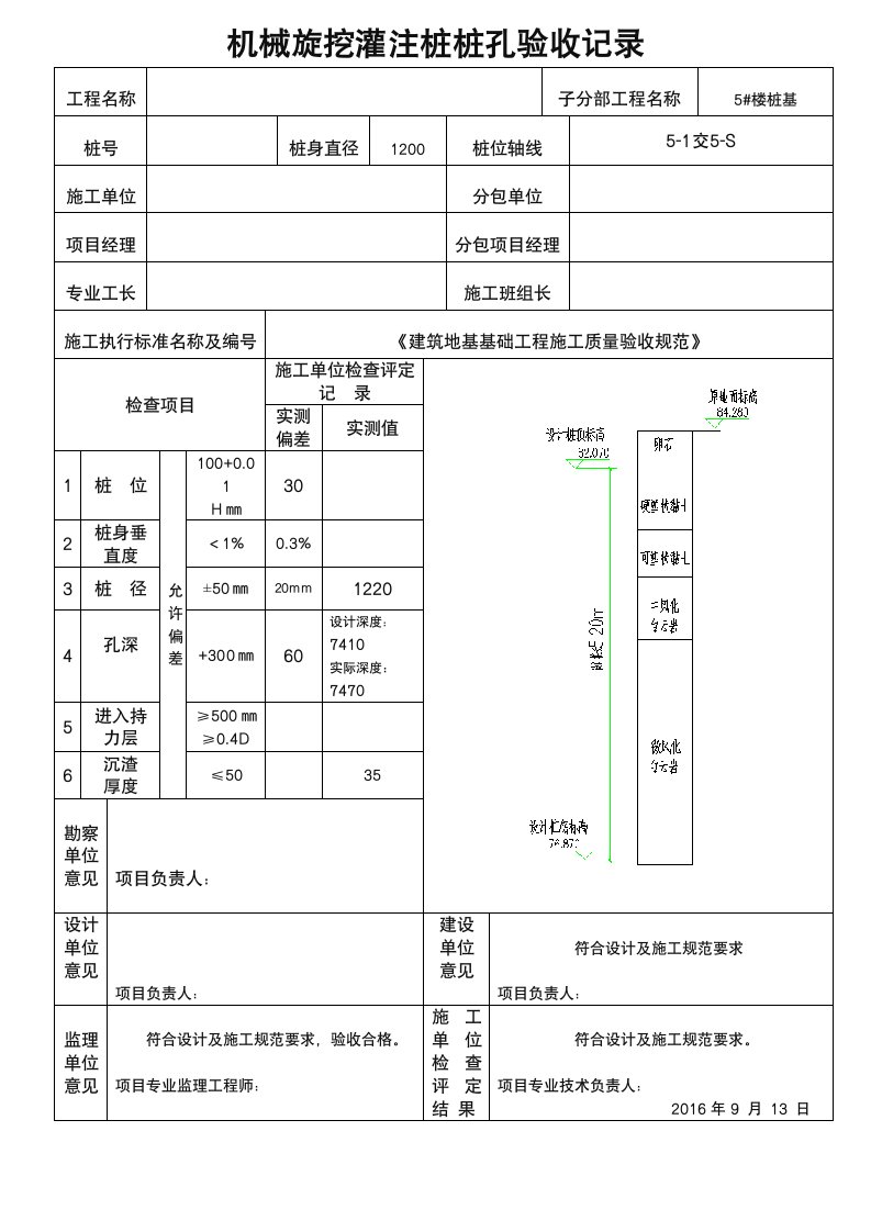 旋挖成孔灌注桩桩孔验收记录