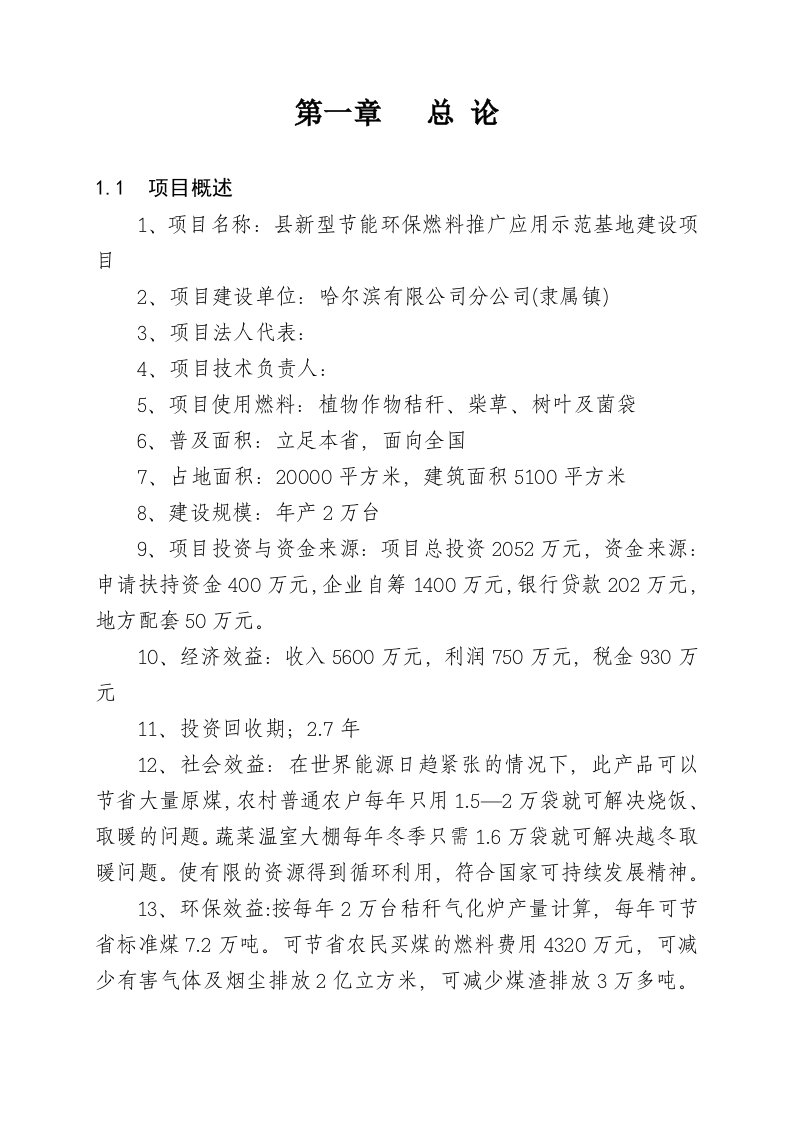 新型节能环保燃料推广应用示范基地建设项目可行性研究报告