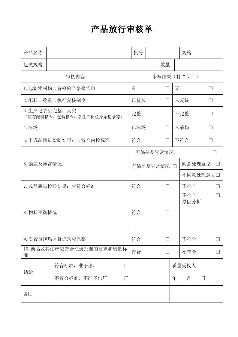 产品放行审核记录