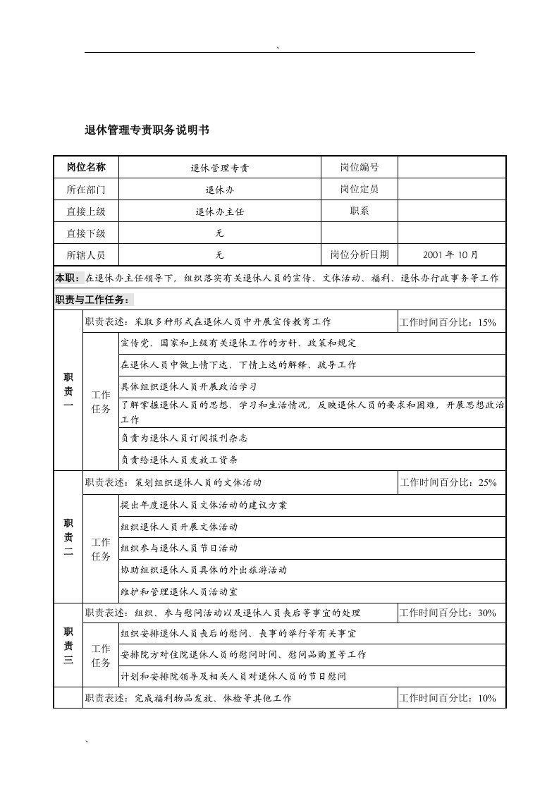 航材院退休管理专责职务说明书